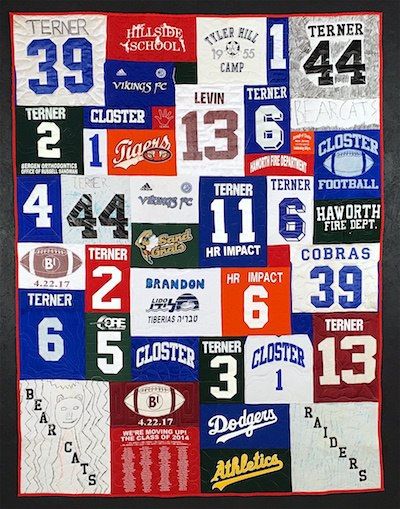 Numbers and names on a T-shirt quilt. by Too Cool T-shirt Quilts