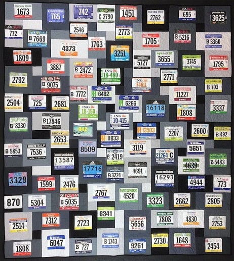 This quilt was made just with running race bibs.